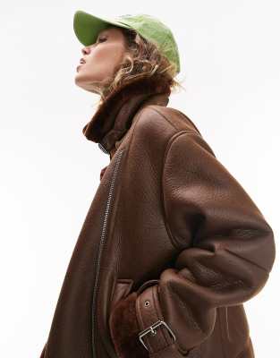 faux leather shearling aviator biker jacket in chocolate-Brown