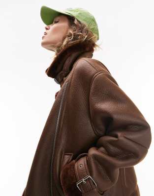 Topshop faux leather shearling aviator biker jacket in chocolate-Brown