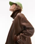 [Topshop] Topshop faux leather shearling aviator biker jacket in chocolate-Brown L Chocolate