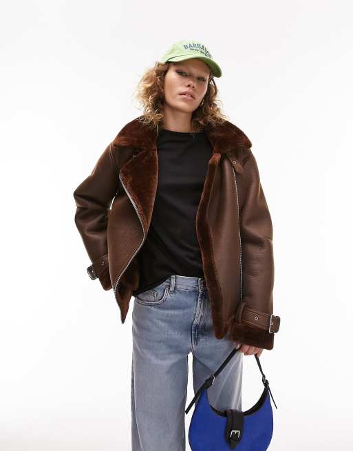 Bershka faux leather shearling coat with buckles in brown