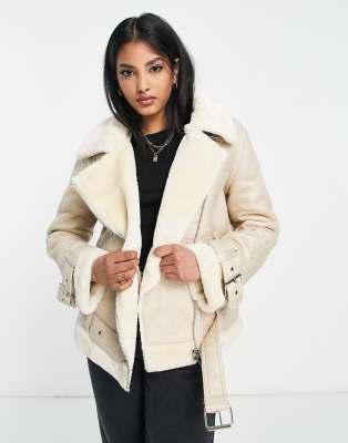 Topshop Petite Faux Leather Shearling Aviator Biker Jacket In Off  White-Brown for Women