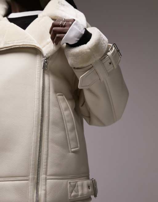 Topshop faux leather shearling aviator biker jacket in off white