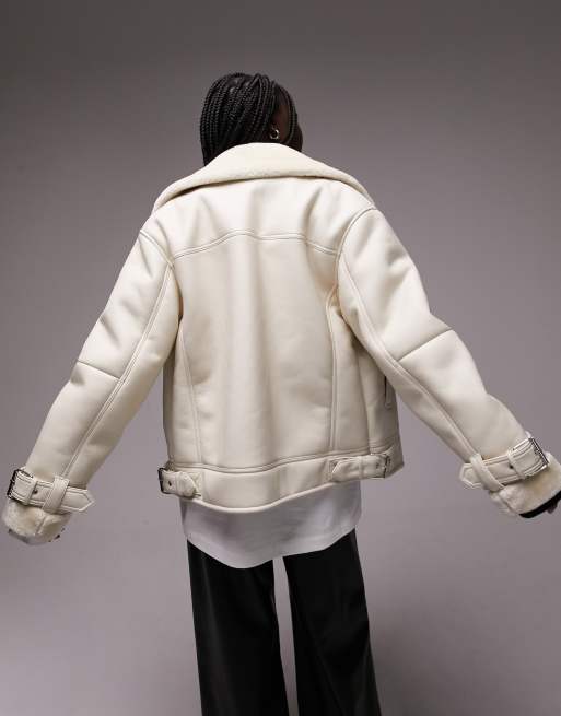 Topshop Petite faux leather shearling aviator biker jacket in