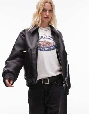 faux leather shearling bomber jacket in black