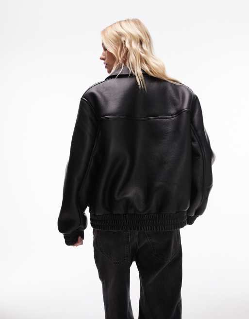 Topshop faux leather shearling bomber jacket in black ASOS