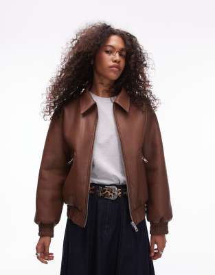 faux leather shearling bomber jacket in tan-Brown