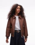 [Topshop] Topshop faux leather shearling bomber jacket in tan-Brown S TAN