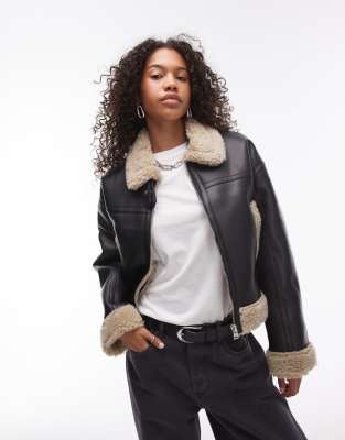 faux leather shearling fitted aviator jacket in black