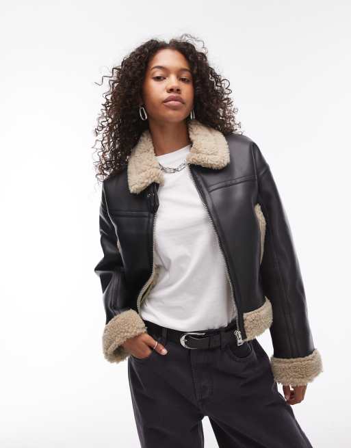 Topshop faux leather shearling fitted aviator jacket in black ASOS