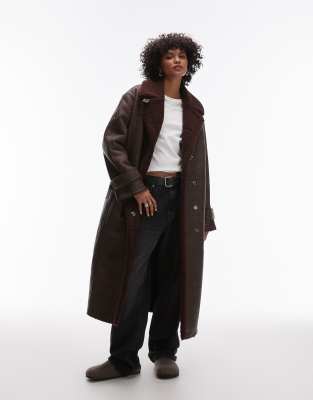 faux leather shearling long aviator jacket in burgundy-Red