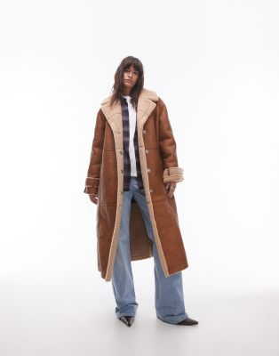 faux leather shearling long aviator jacket in tan-Brown