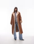 [Topshop] Topshop faux leather shearling long aviator jacket in tan-Brown S tan