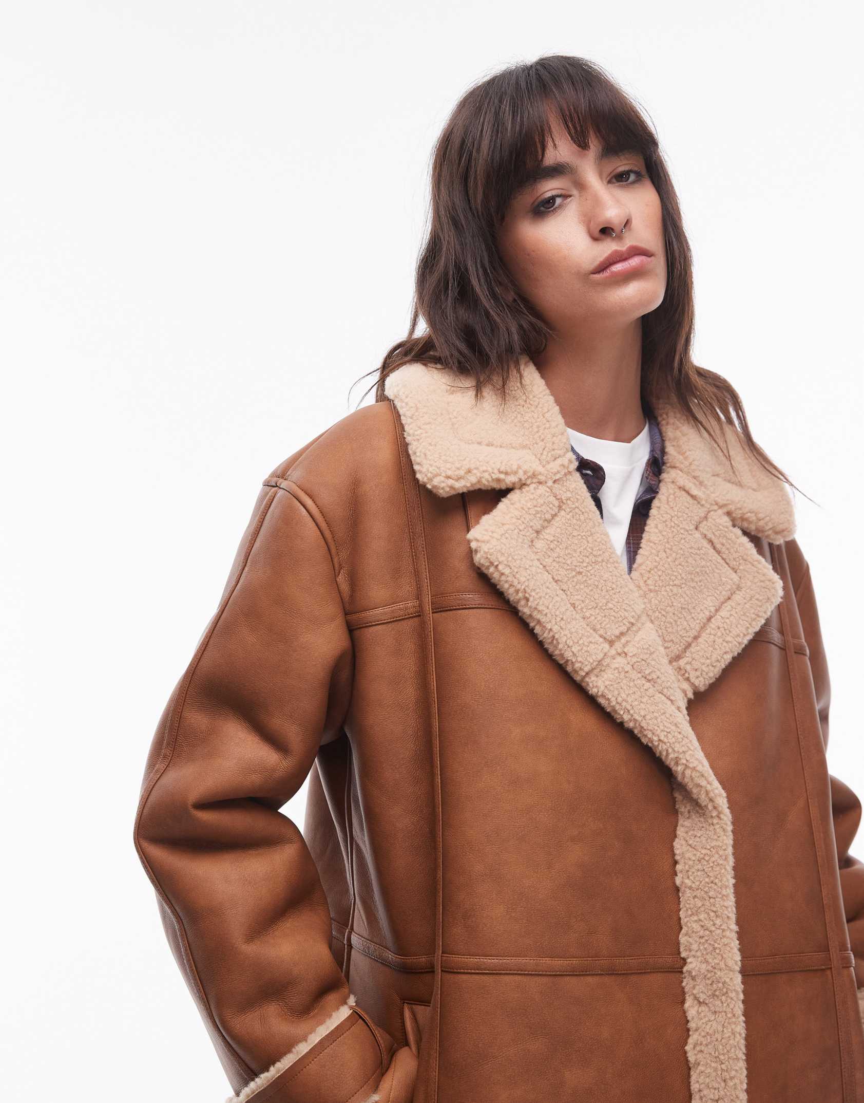 Topshop faux leather shearling long aviator jacket in tan ASOS Price Checker