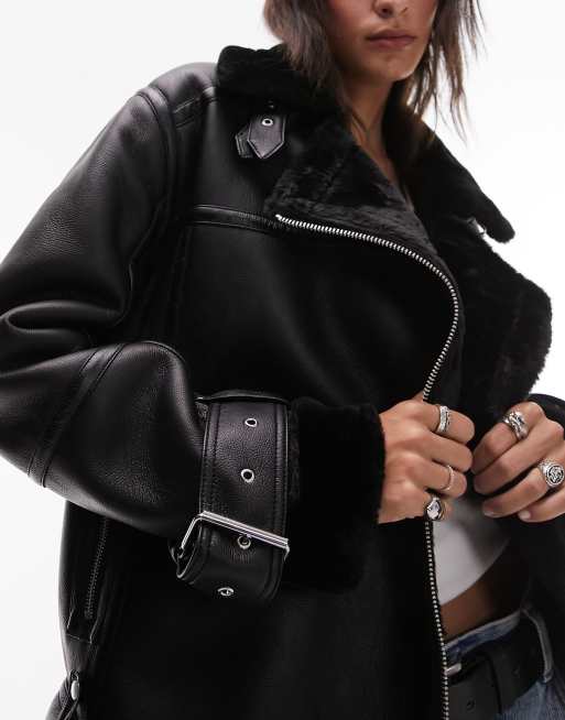 TOPSHOP Faux Shearling Oversized Car Jacket in Black