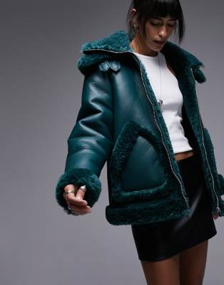 Topshop faux leather shearling oversized aviator jacket with double collar detail in teal-Blue