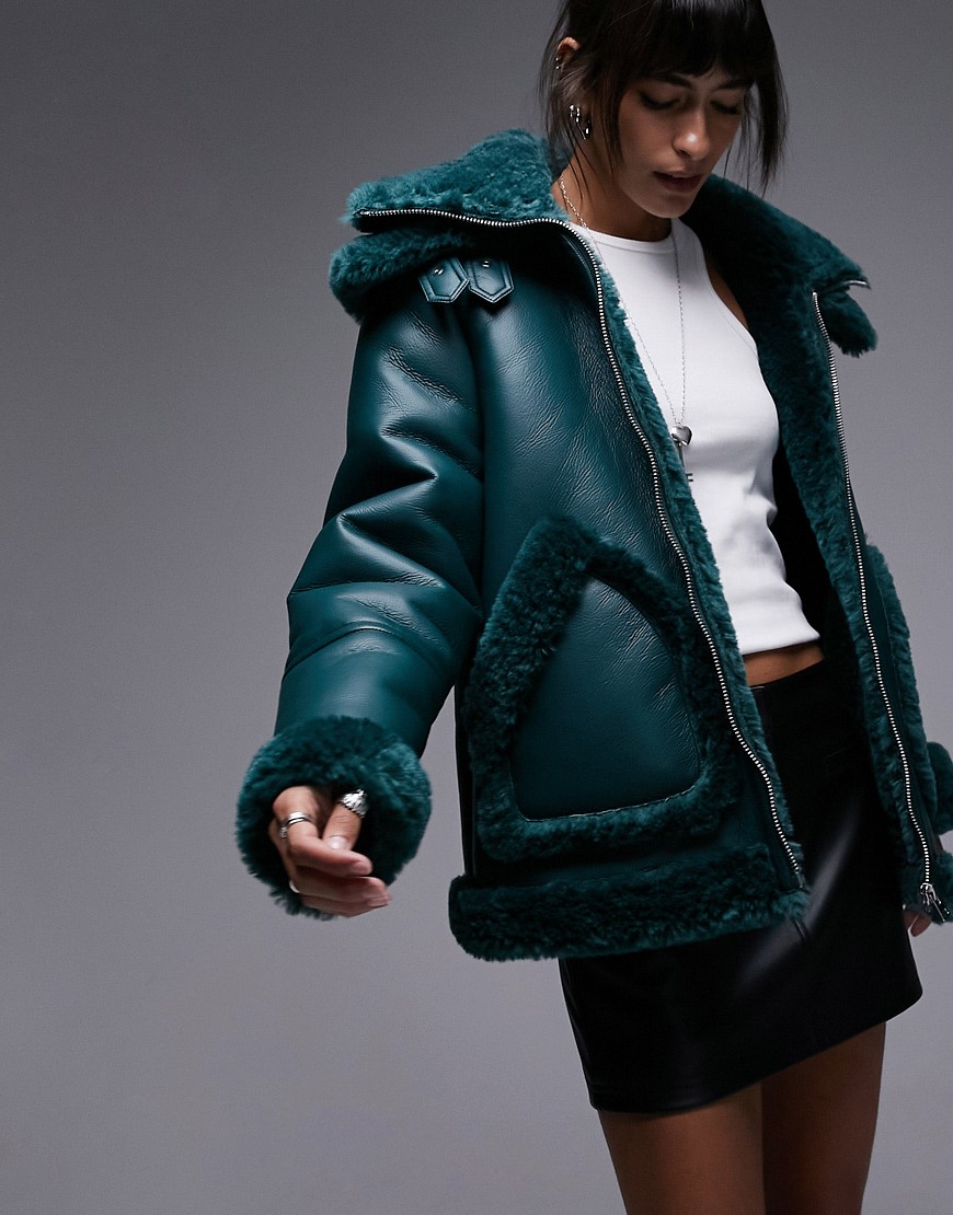 Topshop Faux Leather Shearling Oversized Aviator Jacket With Double Collar Detail In Teal-blue In Green