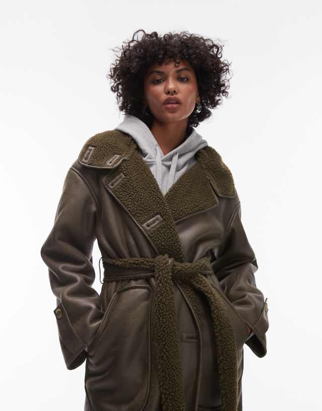 Topshop faux leather shearling trench coat in olive | ASOS