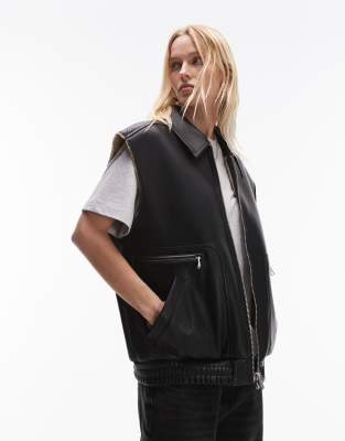 faux leather shearling vest in black