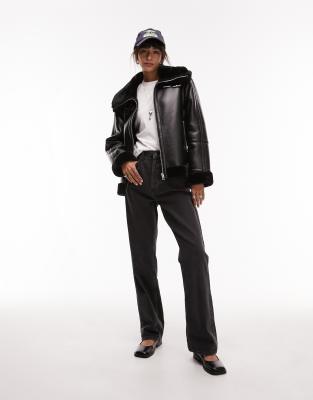 Topshop Faux Leather Shearling Zip Front Oversized Aviator Jacket With Double Collar Detail In Black