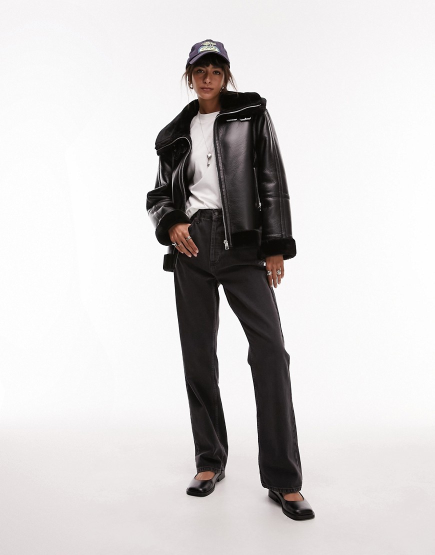 Topshop faux leather shearling zip front oversized aviator jacket with double collar detail in black