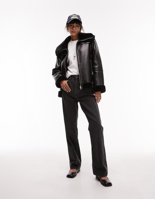 Topshop Tall Faux Leather Shearling Aviator Biker Jacket In Black