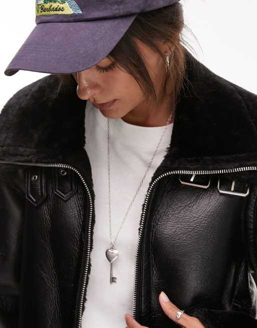 Topshop faux leather shearling zip front oversized aviator jacket