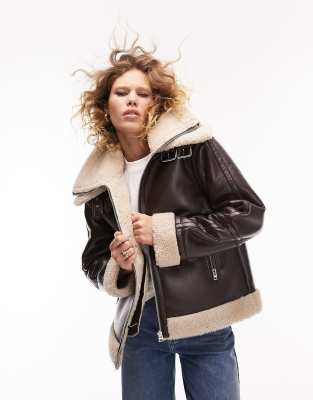 Topshop Petite Faux Leather Shearling Zip Front Oversized Aviator Jacket  With Double Collar Detail In Black