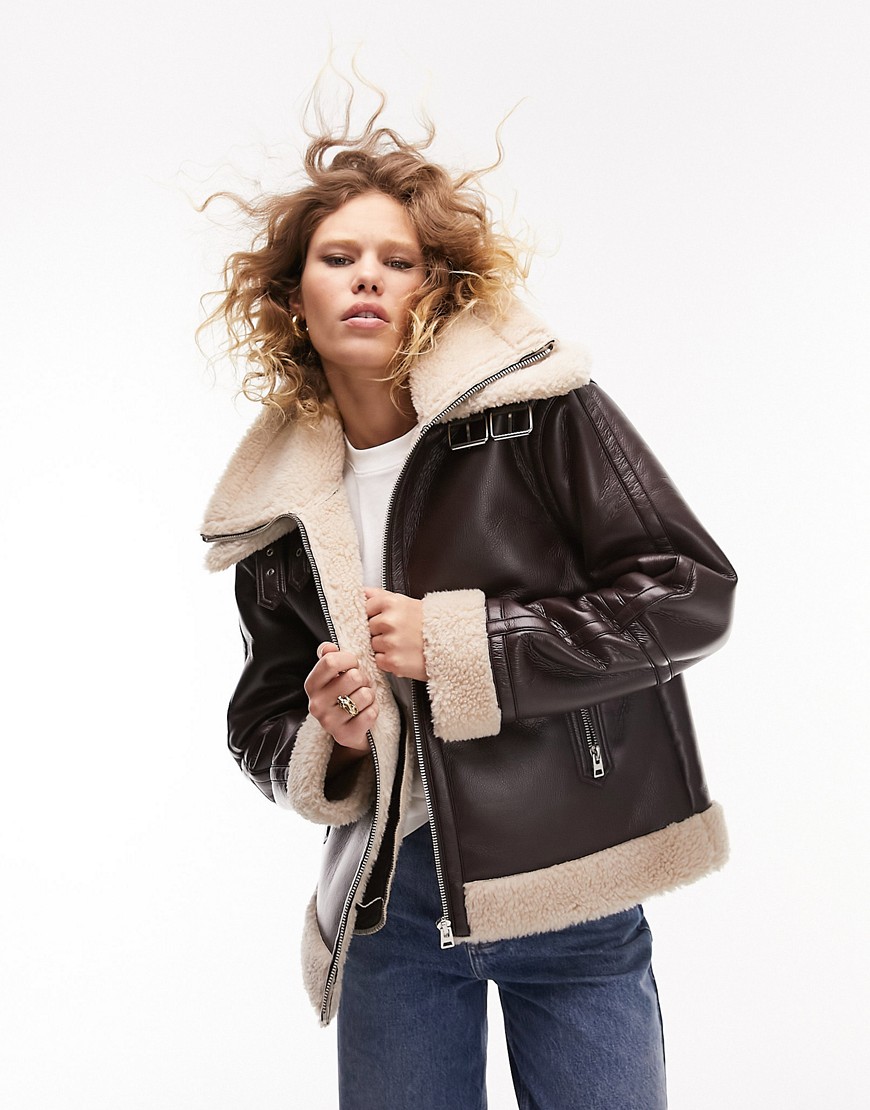 faux leather shearling zip front oversized aviator jacket with double collar detail in chocolate-Brown