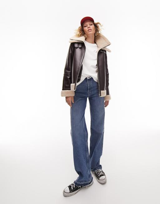 Topshop Petite faux leather shearling zip front oversized aviator jacket  with double collar detail in black