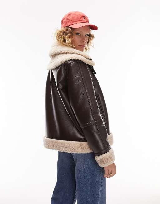 TOPSHOP Faux Shearling Aviator Jacket With Borg Lining in Brown