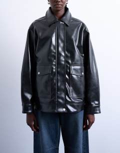 Faux leather shiny mottled patch pocket shacket in black