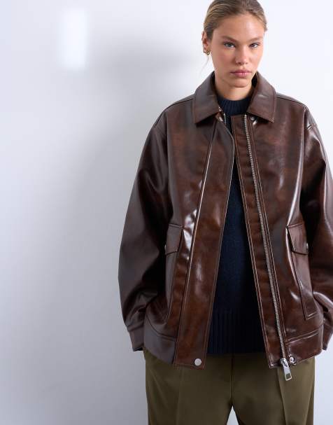 Topshop faux-leather shiny mottled patch pocket shacket in brown - view 1