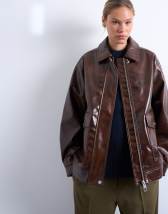Topshop faux leather shiny mottled patch pocket shacket in brown
