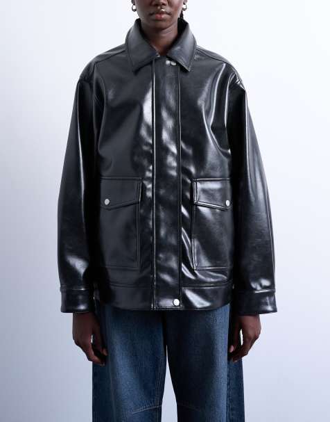 Topshop faux leather shiny mottled patch pockets shacket in black - view 1