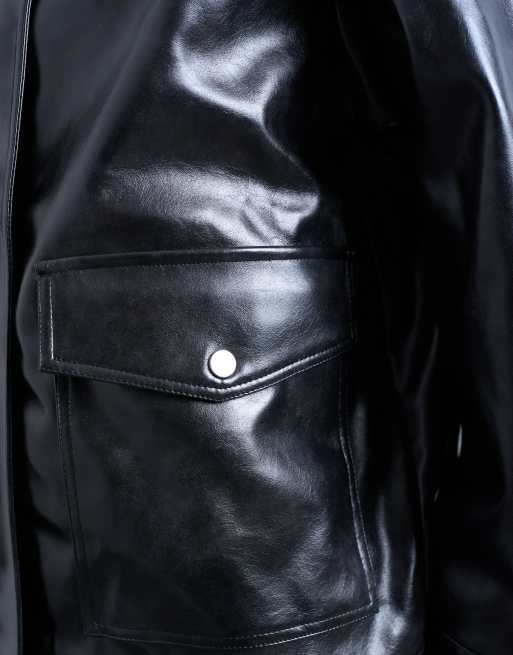 Topshop faux leather shiny mottled patch pockets shacket in black, 3 of 4