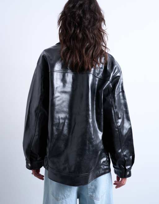 Topshop faux leather shiny mottled patch pockets shacket in black, 4 of 4