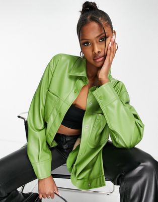 Topshop faux leather shirt in green | ASOS