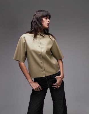 Topshop Faux Leather Shirt In Sage - Part Of A Set-green