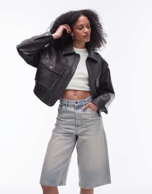 Topshop Faux Leather Short Bomber Jacket In Black