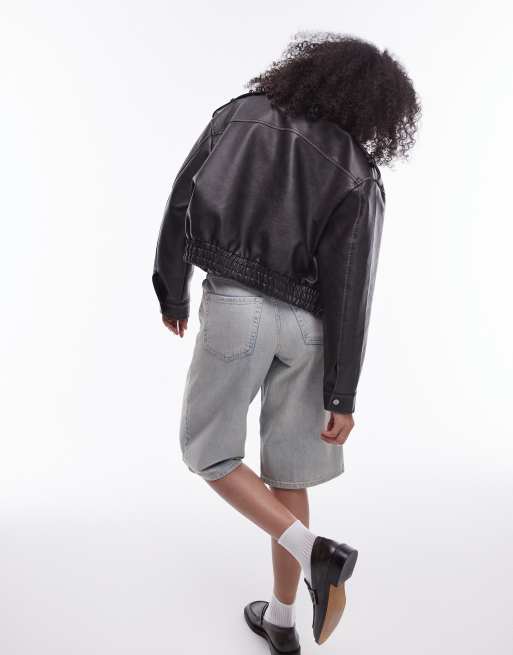 Topshop faux leather short bomber jacket in black, 4 of 4