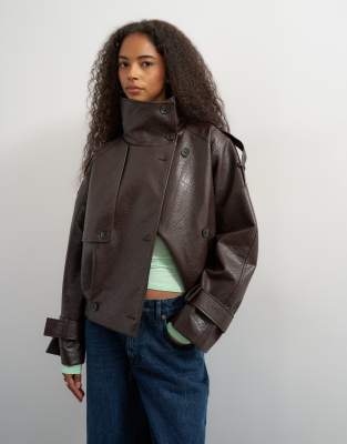 Topshop Faux Leather Short Jacket In Brown