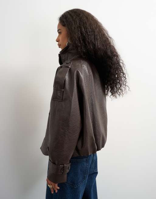 Topshop faux leather short jacket in burgundy, 4 of 4