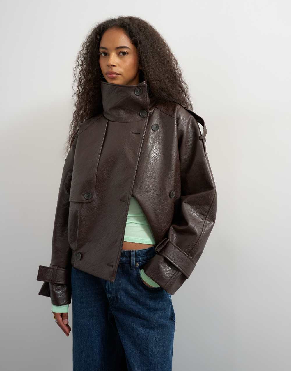 Topshop faux leather short mac in brown