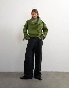 Faux leather short mac in olive