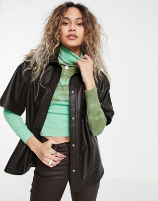 Topshop faux leather short sleeve shirt jacket in brown