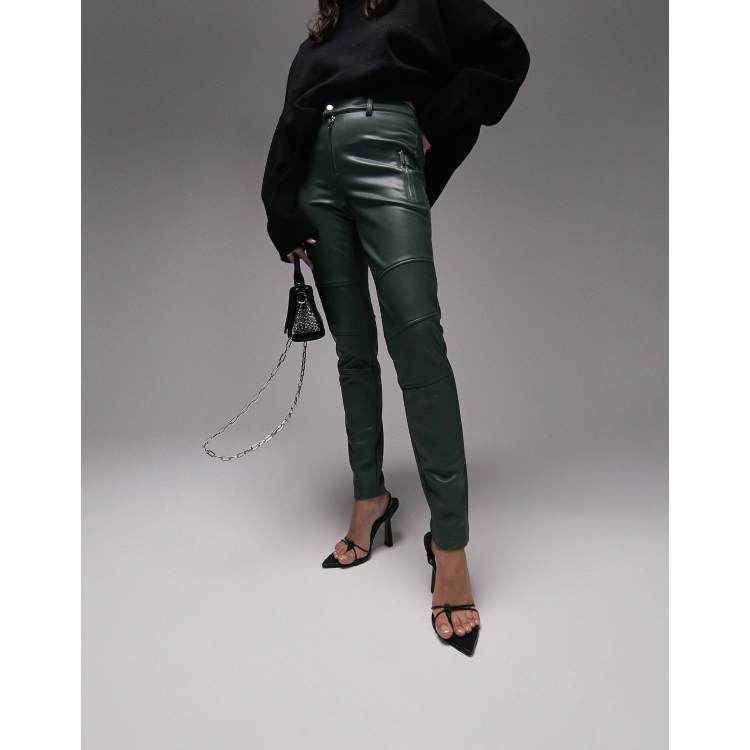 Topshop Petite faux leather biker pants in khaki - ShopStyle