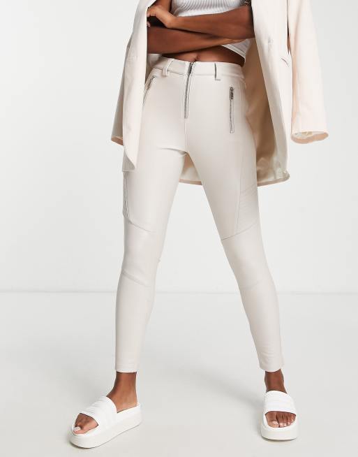 Topshop faux leather skinny fit biker pants in off-white