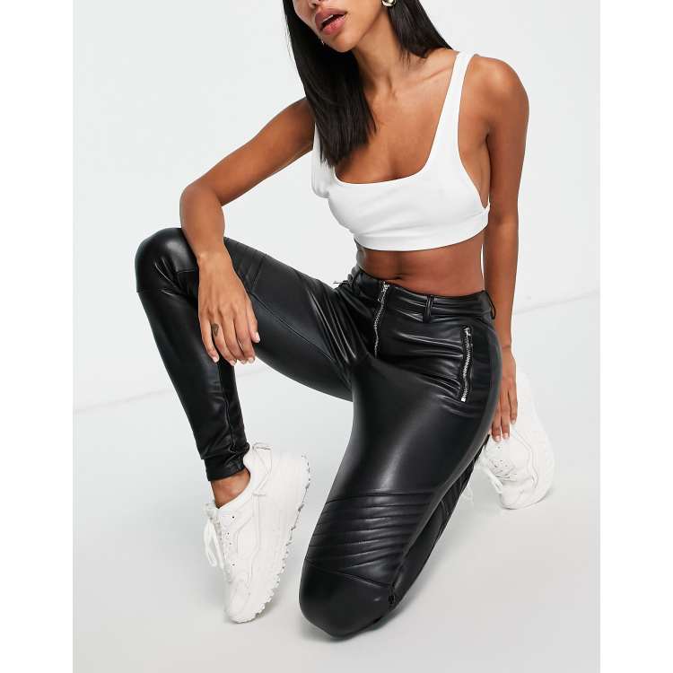 Topshop Tall faux leather skinny fit biker trouser in black