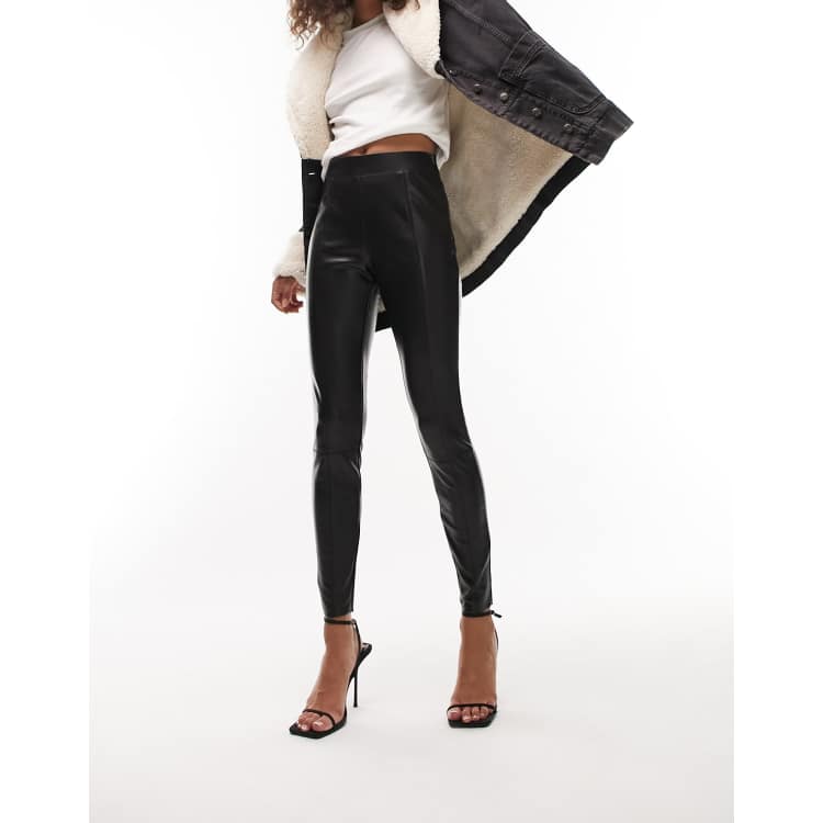 WMNS Faux Leather Pants with High Waist - Tight Fit / Black