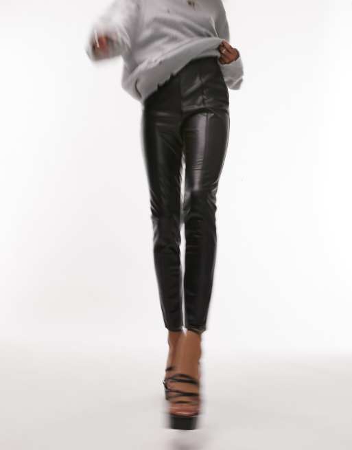 Topshop faux leather skinny pant with front hem splits in black